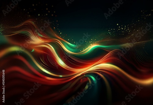 Abstract swirling waves of vibrant color with sparkling particles on a dark background.