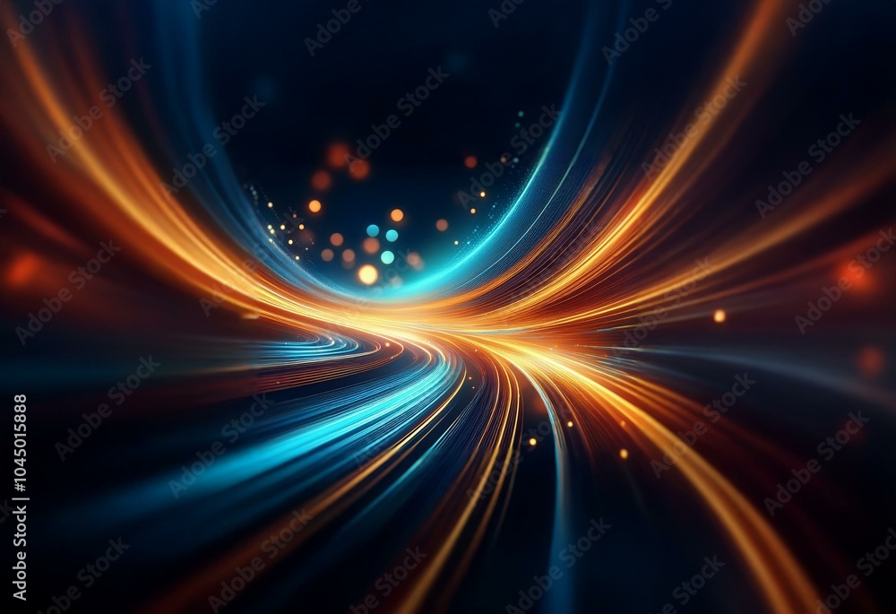 Abstract art with blue and orange light streaks that resemble a tunnel or wormhole. The background is dark with a few blurred white dots. Abstract art with blue and orange light streaks that resemble a tunnel or wormhole. The background is dark with a few blurred white dots.