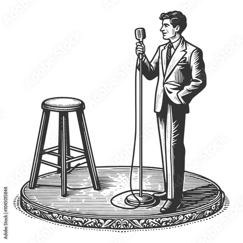 man in a suit performing stand-up comedy on stage, holding a classic microphone next to a stool sketch engraving generative ai vector illustration. Scratch board imitation. Black and white image.