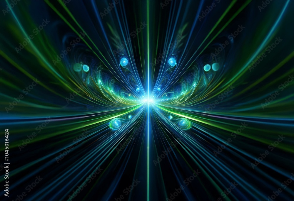 A vibrant abstract design features a central white light surrounded by radiating lines of green and blue against a dark background. A vibrant abstract design features a central white light surrounded by radiating lines of green and blue against a dark background.
