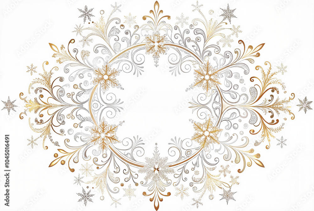  Elegant Gold and Silver Snowflake Wreath Frame on White Background