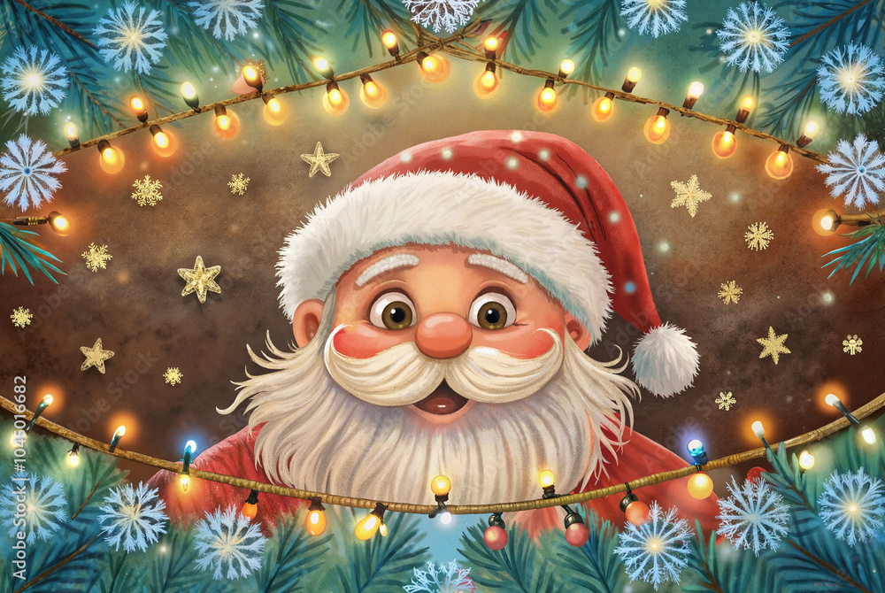 Cheerful Santa with festive Christmas lights and snowflakes
Cheerful Santa with festive Christmas lights and snowflakes