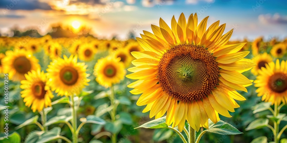 Obraz premium Closeup view of a panoramic sunflower field with other sunflowers out of focus