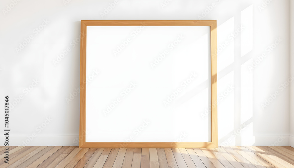 Vertical wooden frame mock up. Wooden frame poster on wooden floor with white wall. 3D illustrations isolated with white highlights, png Vertical wooden frame mock up. Wooden frame poster on wooden floor with white wall. 3D illustrations isolated with white highlights, png