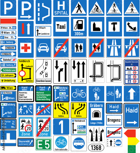 Informational signs, Except for electrical vehicle during charging, Additional auxiliary signs, Further, Retired signs, Road signs in Austria (German: Straßenverkehrsordnung)