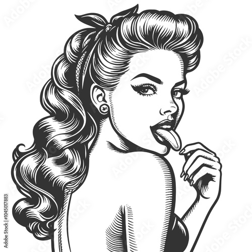 pin-up girl with wavy hair, sticking out her tongue in a playful, seductive pose sketch engraving generative ai fictional character vector illustration. Scratch board imitation. Black and white image.
