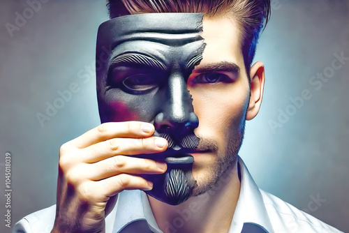 A man removes half of a black mask, revealing his real face beneath, symbolizing hidden identity or duality.