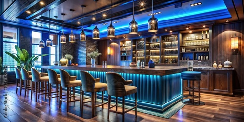 Wallpaper Mural Elegantly Designed Bar Interior with Blue and Dark Wood Color Scheme, Stylish Decor and Cozy Ambiance, Perfect for Leisure and Social Gatherings Torontodigital.ca