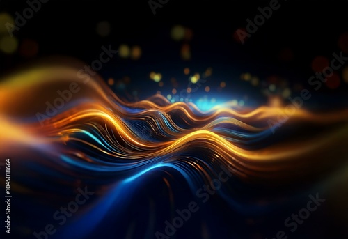 Abstract image of glowing waves with orange and blue colors in a dark background.