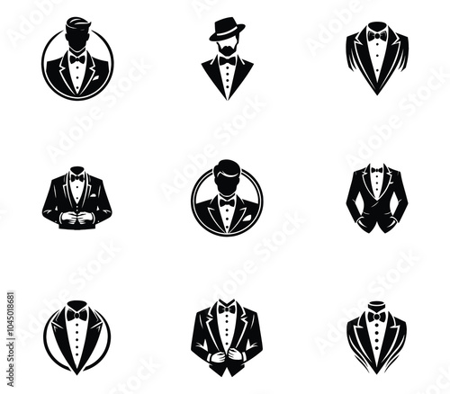 Collection of tuxedo men logo design. Bow tie tuxedo suit gentleman fashion tailor cloth set. Icon set