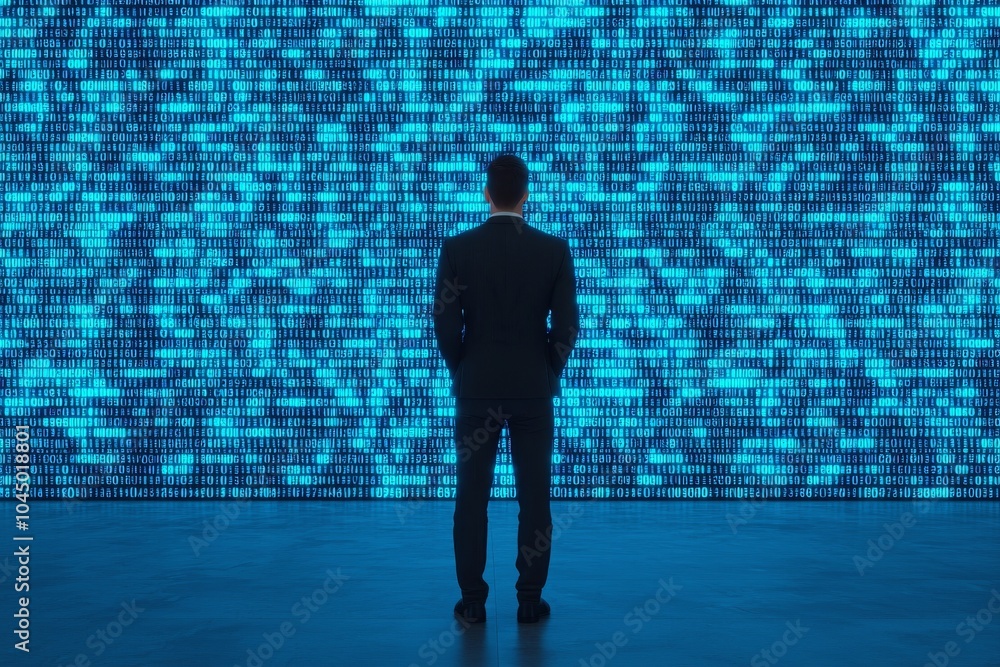 A person facing a wall of data, representing the challenges to data privacy in the digital age. A person facing a wall of data, representing the challenges to data privacy in the digital age.