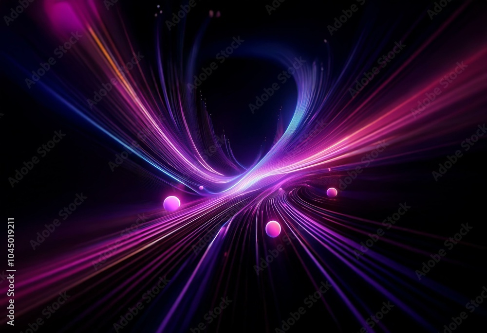 Abstract digital artwork depicting a swirling tunnel of light with glowing spheres in a dark background. Abstract digital artwork depicting a swirling tunnel of light with glowing spheres in a dark background.