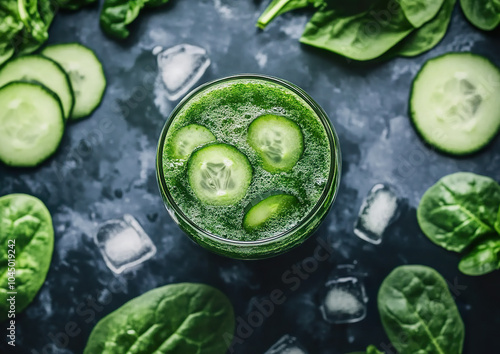 Green detox juice with spinach and cucumber in a clear glass, presented with a sliced cucumber on the rim. Professional food photo, high angle view composition. photo