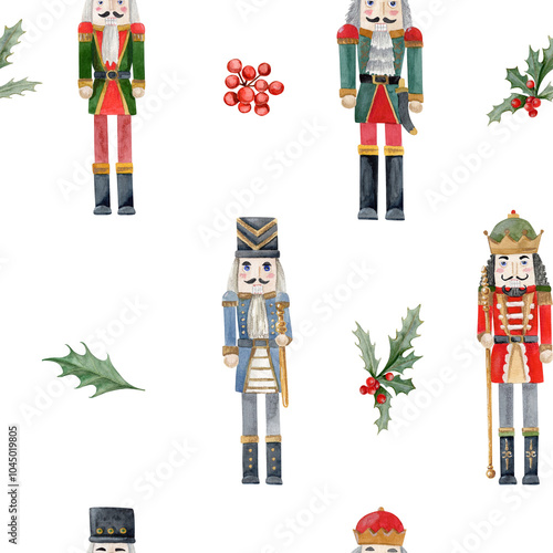 Watercolor seamless pattern of four different nutcrackers, with a sword, with a staff, holly tree and berries on white background