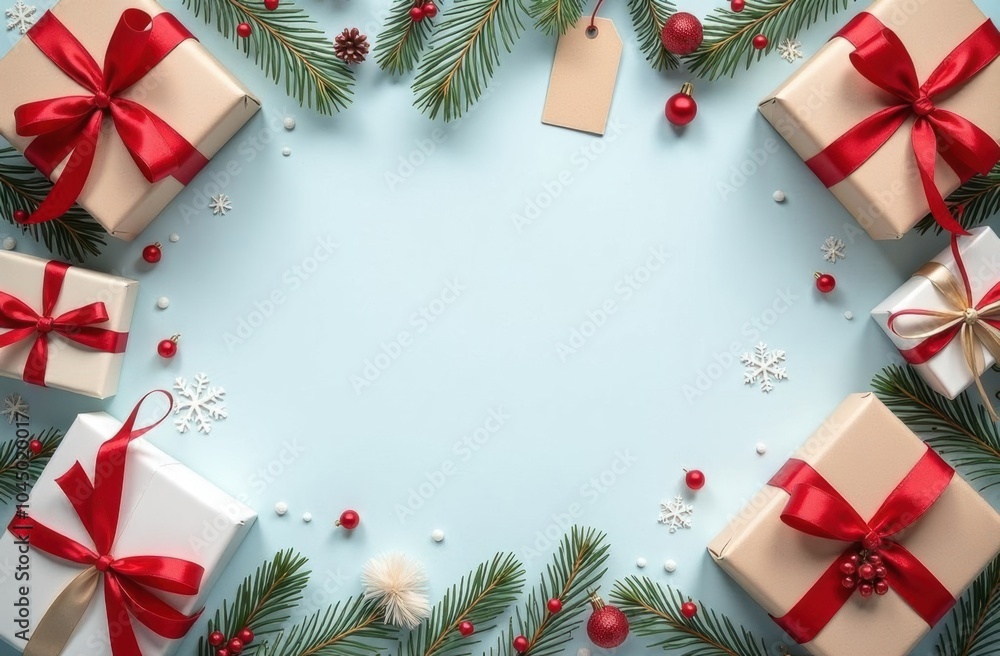 Cheerful mockup featuring a blank space for text, framed by wrapped Christmas gifts, ribbons, and tags, set against a snowy scene with falling snowflakes for a heartfelt holiday greeting Cheerful mockup featuring a blank space for text, framed by wrapped Christmas gifts, ribbons, and tags, set against a snowy scene with falling snowflakes for a heartfelt holiday greeting