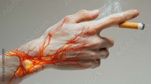 Person’s hand with a lit cigarette, veins forming into cigarette shapes, showing internal dependency photo