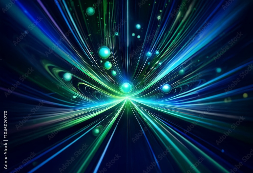 Abstract image with a blue, green, and white color scheme, glowing orbs, and a burst of light rays radiating outward from the center. Abstract image with a blue, green, and white color scheme, glowing orbs, and a burst of light rays radiating outward from the center.