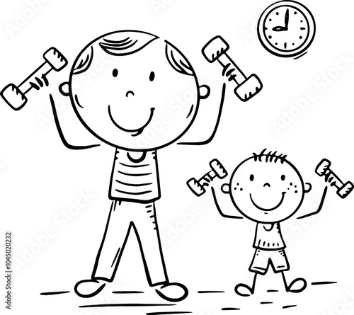 Father does gymnastics with his son. Healthy lifestyle, family sport activity outline clipart. Parenting, fatherhood concept. Parent actively spends time with kid. Exercise with dumbbells. Black and w