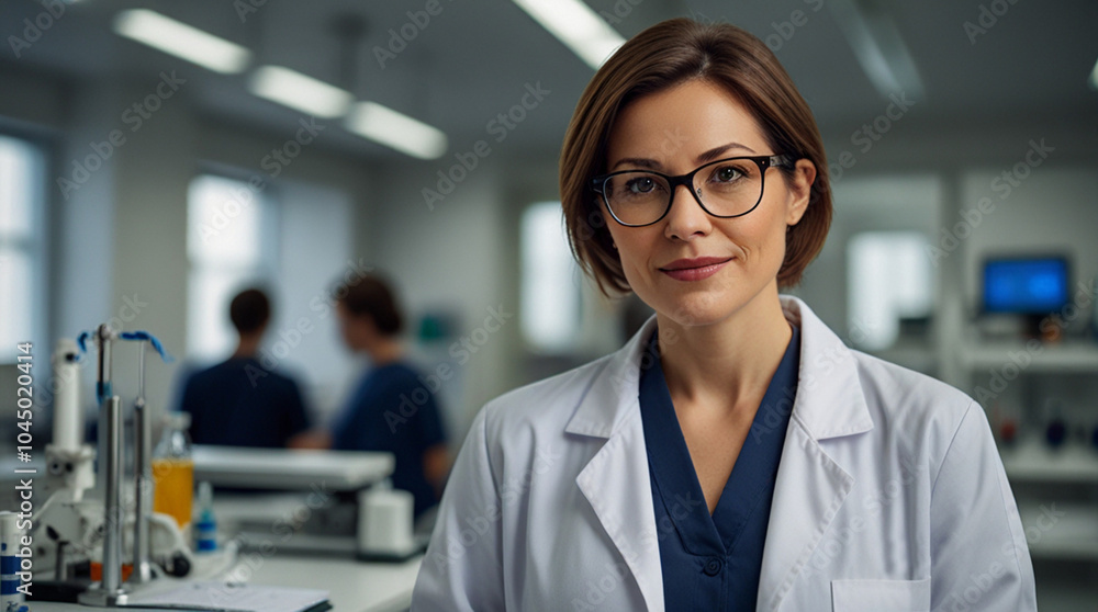Fototapeta premium Portrait of female medical doctor or scientist wearing a white coat and glasses in a modern laboratory with a team of medical science specialists in the background