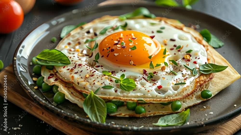 A fried egg with a sunny-side up yolk sits atop a bed of peas and herbs on a plate A fried egg with a sunny-side up yolk sits atop a bed of peas and herbs on a plate