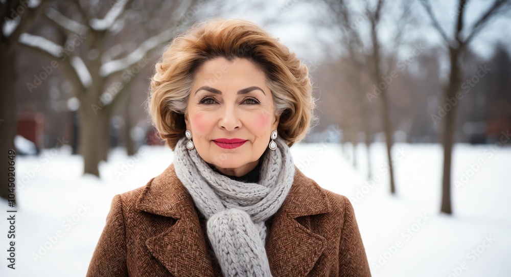 hispanic latino mature woman winter outdoor bright background wearing fashion portrait hispanic latino mature woman winter outdoor bright background wearing fashion portrait