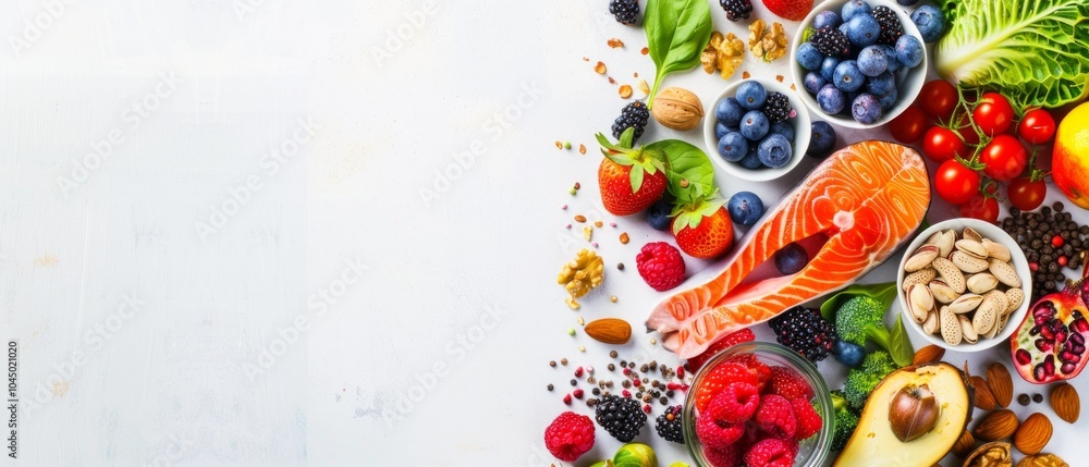 Artistic arrangement of fresh foods on a white background includes salmon, berries, veggies, fruits, nuts, and seeds on a wooden table with cutlery and a cup. Vibrant and fresh display. Artistic arrangement of fresh foods on a white background includes salmon, berries, veggies, fruits, nuts, and seeds on a wooden table with cutlery and a cup. Vibrant and fresh display.