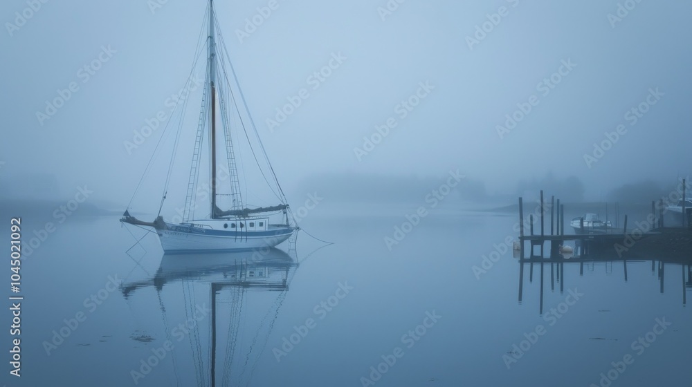 Φωτογραφία A serene white sailboat in fog, isolated on calm waters with a reflective surface, evokes tranquility and mystique amidst wooden piers in a harbor