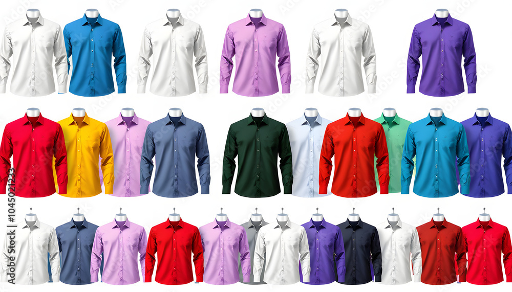 Longsleeve cotton shirt templates of various colors on invisible mannequin isolated on white isolated with white highlights, png Longsleeve cotton shirt templates of various colors on invisible mannequin isolated on white isolated with white highlights, png