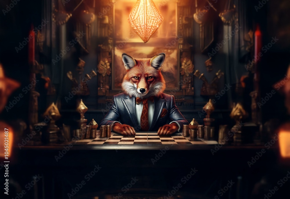 A fox dressed in a suit and tie sits at a chessboard in a dimly lit room, surrounded by ornate decor and candles. A fox dressed in a suit and tie sits at a chessboard in a dimly lit room, surrounded by ornate decor and candles.