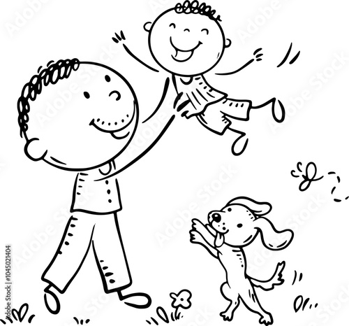 Cartoon outline illustration of father and son playing outdoor together. Happy family activity clipart, single parent with kid. Parenting, fatherhood concept. Parent actively spends time with child ou