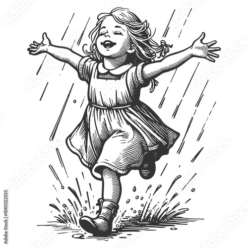 cheerful young girl running with open arms through the rain, carefree and happy moment sketch engraving generative ai vector illustration. Scratch board imitation. Black and white image.