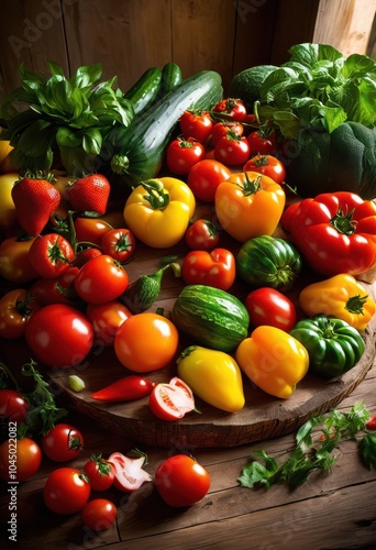 colorful vibrant arrangement fresh produce rustic natural wooden surface showcasing bounty farm fresh vegetables fruits, artful, assemble, beautiful, culinary