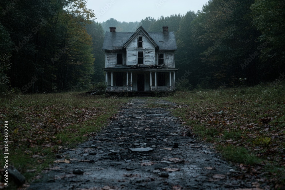 Abandoned old house in a misty forest surrounded by overgrown grass and autumn leaves Abandoned old house in a misty forest surrounded by overgrown grass and autumn leaves
