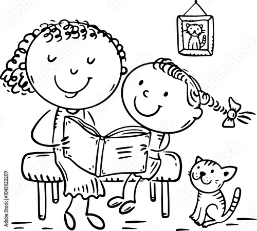 Cartoon outline illustration of happy mother and daughter sitting and reading a book together. Family activity clipart, single parent with kid. Parenting, motherhood concept. Parent actively spends ti