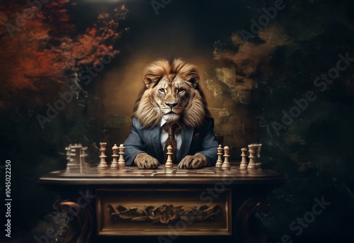 A lion in a suit and tie sits at a chessboard, contemplating his next move in a dimly lit room. photo