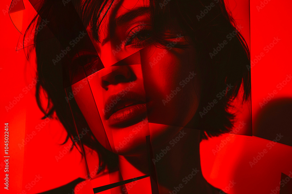 Split Portrait of a Beautiful Young Woman in Red Tones, Looking into the Camera. Concept of Emotional Expression. Generative AI Split Portrait of a Beautiful Young Woman in Red Tones, Looking into the Camera. Concept of Emotional Expression. Generative AI