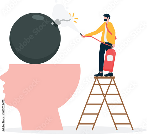 Businessman holding fire extinguisher trying to extinguish lit bomb,

