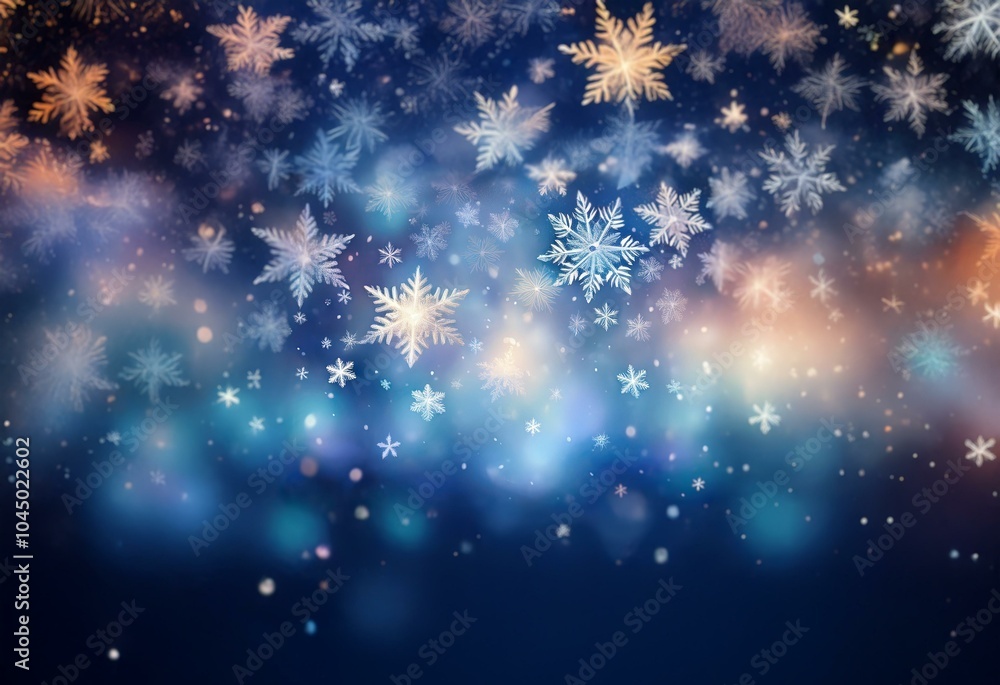 A background of falling snowflakes with a blue and white color scheme, along with out of focus, white, yellow, and blue lights. A background of falling snowflakes with a blue and white color scheme, along with out of focus, white, yellow, and blue lights.