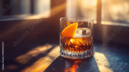 Old fashioned glass filled with whiskey, garnished with an orange peel, captured in a studio setting with a focus on the drink's rich amber color and elegant design. photo