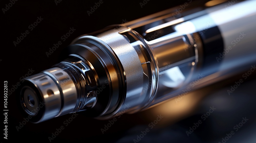 Close-up of a silver electronic cigarette with a black background. Close-up of a silver electronic cigarette with a black background.