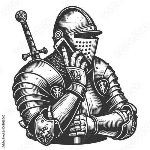 medieval knight in full armor talking on a smartphone, merging historical and modern elements sketch engraving generative ai vector illustration. Scratch board imitation. Black and white image.