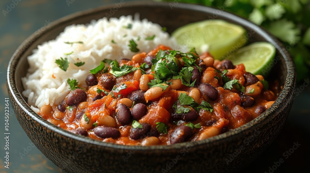A Delicious Plate of Mexican Beans with Rice and Fresh Cilantro Perfect for a Cozy Dinner or a Festive Gathering A Delicious Plate of Mexican Beans with Rice and Fresh Cilantro Perfect for a Cozy Dinner or a Festive Gathering
