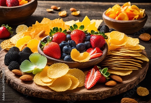 vibrant macro shot displaying colorful assortment delicious snacks including nuts stunning textures varied colors, assorted, platter, crunchy, chips, candies photo