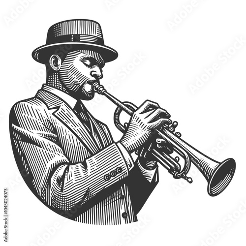 jazz musician playing the trumpet, dressed in a suit and hat, evoking classic jazz era vibes sketch engraving generative ai vector illustration. Scratch board imitation. Black and white image.