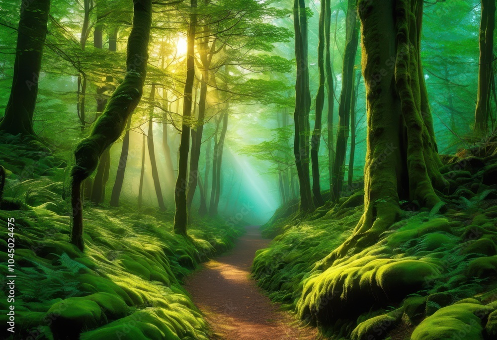Obraz premium serene misty forest path illuminated dappled inviting tranquility, branch, tree, leaf, trail, sunlight, shadow, nature, wood, green, ground, breeze