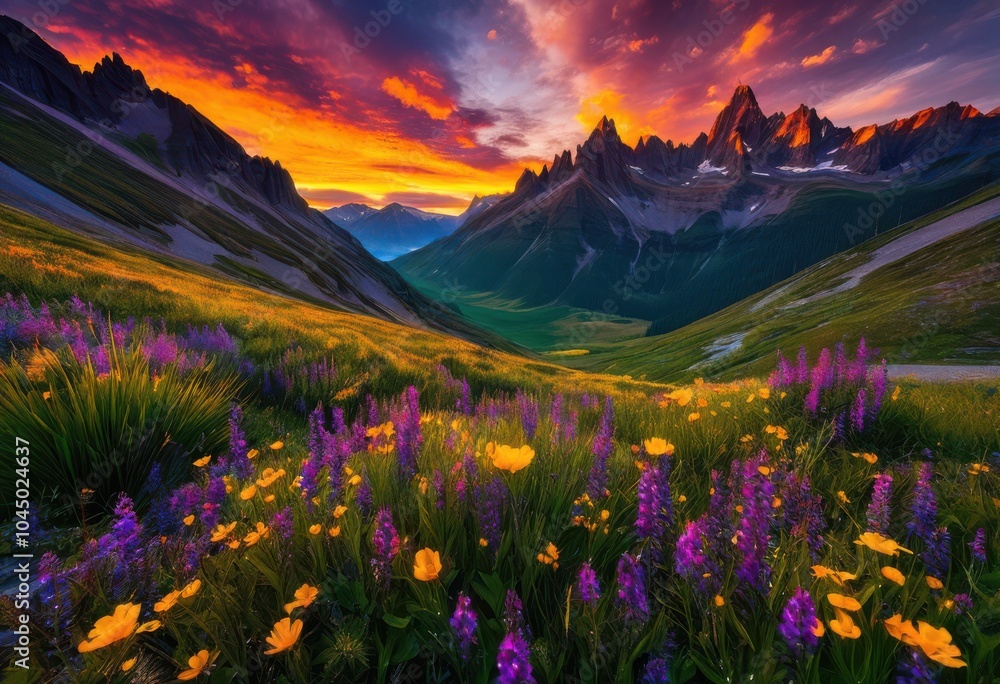 Obraz premium breathtaking vibrant mountain sunrise illuminates dewy landscape rich colors stunning natural beauty, nature, light, sky, scenery, view, horizon, clouds
