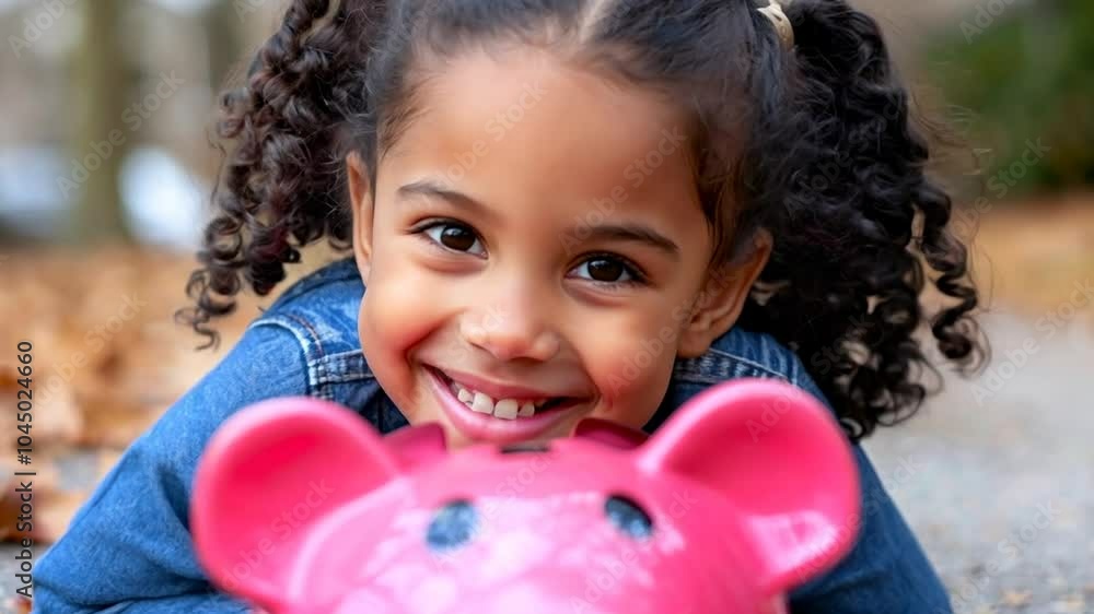 A cheerful girl with curly hair enjoys her time outdoors, lying on her stomach and playing with a pink piggy bank surrounded by autumn leaves A cheerful girl with curly hair enjoys her time outdoors, lying on her stomach and playing with a pink piggy bank surrounded by autumn leaves