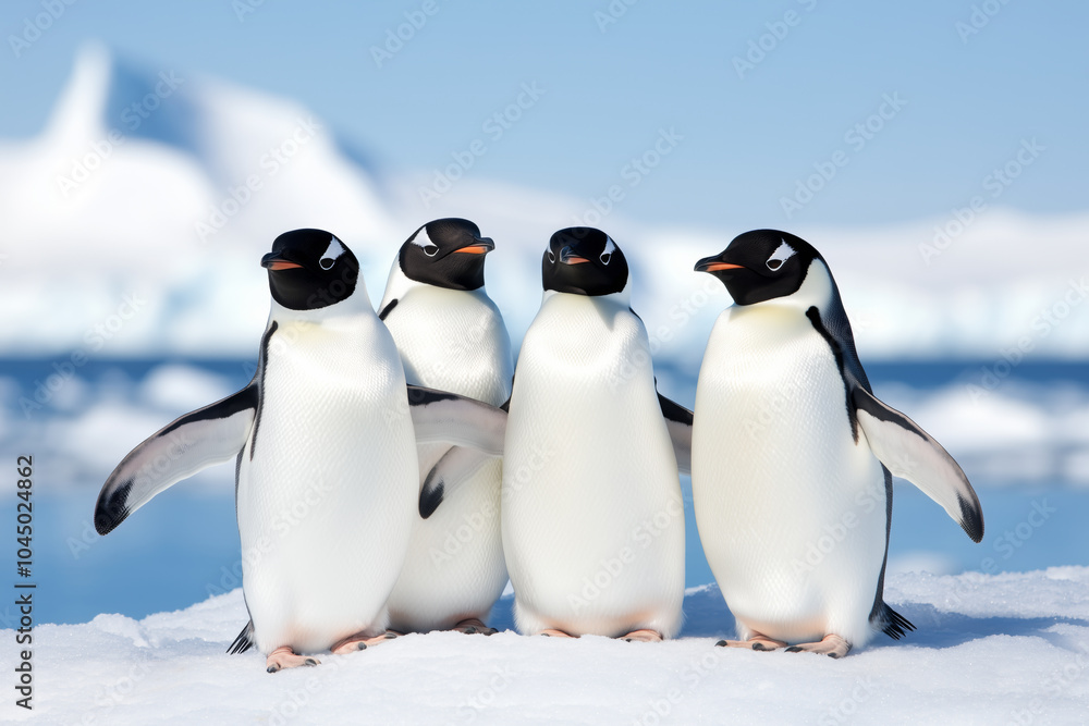 Obraz premium A group of four penguins huddled together on a snow-covered landscape in Antarctica