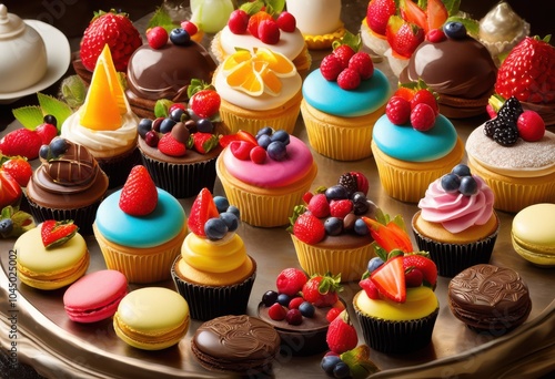 vibrant close assorted colorful dessert treats featuring fruit tarts presenting array inviting colors designs, cupcake, macaron, chocolate, pastry, sweet