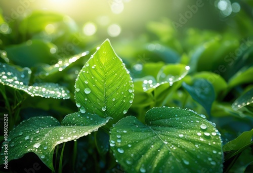 stunning vibrant macro showcasing dew kissed leaves glimmering beauty lush greenery, abundance, aesthetic, blossom, botanical, brightness, colorful, scenery photo